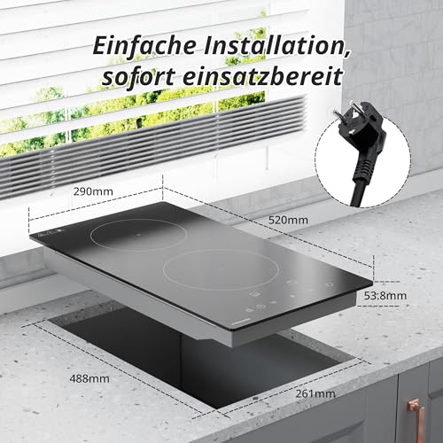 FIREGAS Einbau-Induktionskochfeld,2 Kochzonen,3700 W,9 Leistungsstufen mit Boost-Funktion,Touch-Bedienung,Timer bis 99 Minuten, Kindersicherung