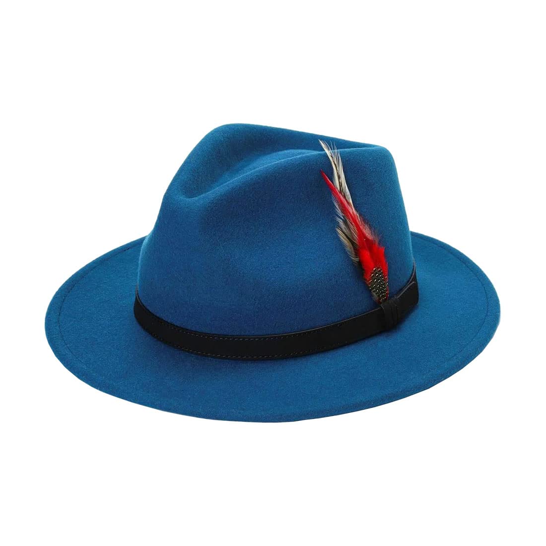 Mens Trilby Adjustable Band Feather Fedora Hat Womens Wool Cowboy Style Party Wear Hat Teal