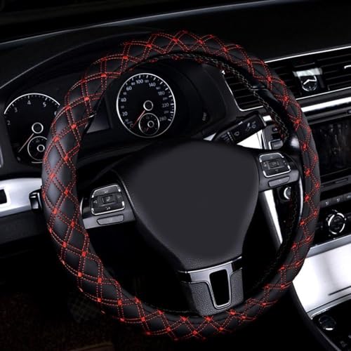 Image of 15inch Odorless Quilted Stitching Pattern Leather Car Steering Wheel Cover-black with red
