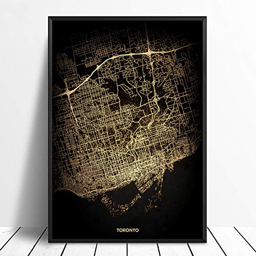 SKLHSIL Impression Sur Toile, Moderne Style Nordique Murale Wall Art Affiche Photo Toronto Carte Ville Simple Noir Et Or Oeuvre Bureau Salon Maison Chambre Espace Décoration 30X40 Cover