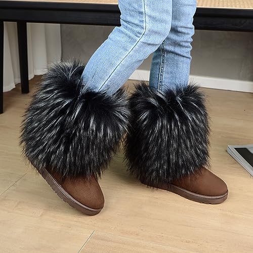 yamerbo Faux Fur Boots for Women, Fuzzy Flurry Furry Leg Warm Boots, Winter Mid-Calf Snow Shoes, Round Toe Suede Winter Warm Flat Short Boots for Outdoors2