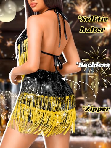 Image of Kaei&Shi Sequin Fringe Romper,Sparkly Glitter Metallic Jumpsuits For Women,Backless Shorts Dress Disco Birthday Dance Outfit