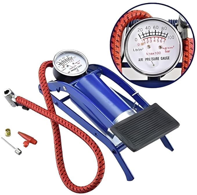 Image of Single Barrel Steel Body Foot Pump for car, Bike, scoote | Air Pump for Motorcycle Car | High Pressure Foot Pump, Bike Motorbike Inflation Pump with Pressure Gauge, Foot Pedal Inflator