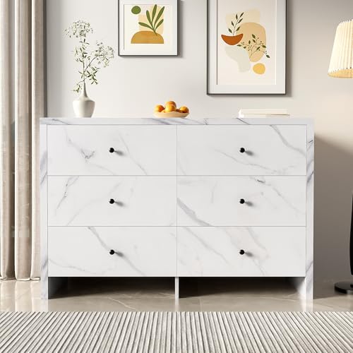 Aparador de 120 x 40 x 80 cm, elegante armario de almacenamiento con aspecto de mármol, 6 cajones y mango de madera negro, dispositivo antivuelco