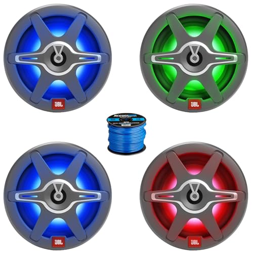 Two Pairs (QTY 4) Of JBL Club CB62AM 6.5 225W Max Power 2-Way High-Performance Marine Audio Speakers with RGB LED Illumination (White and Grey Grilles) (Bulk Packaging) 50 Feet 16 Gauge Speaker Wire
