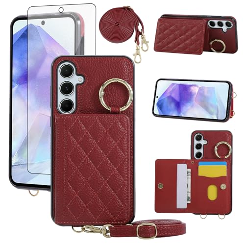 Compatible with Samsung Galaxy S24/S25 5G Wallet Cover and Screen Protector Crossbody Shoulder Strap Ring Buckle Stand Card Holder for S 24 24S 25 25S G5 SM-S931U Women Girls Men Red