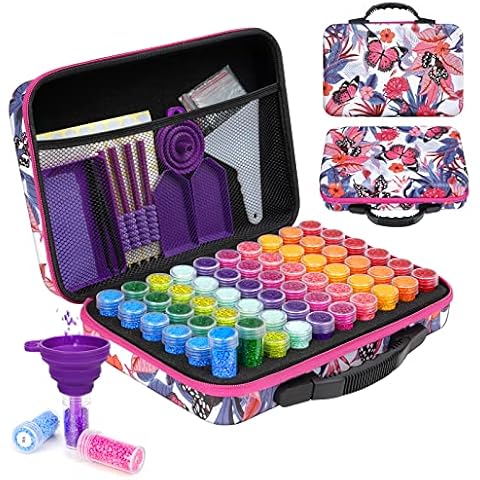 FUNDAFUL Diamond Painting Storage Containers, 60 Slots Diamond Art Accessories and Tools with Shockproof Jars Diamond Painting Kits for Jewelry Rings Charms Glitter Beads Organizer Cover