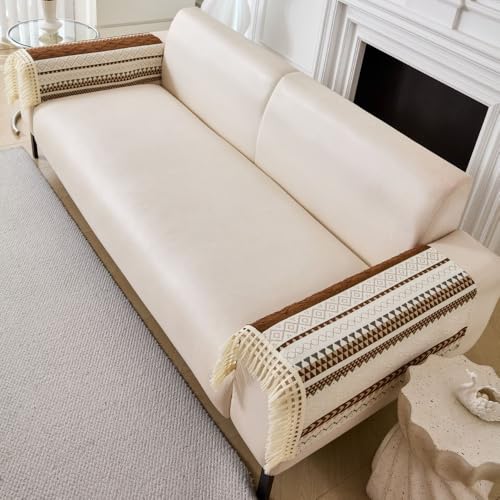 Image of HOMETHREADS Innovative European Premium Style Anti Slip Cotton Sofa Cover Mat with PVC Backing for Non-Slip Comfort (Coffee, 2Pc Armrest Mat | 70x50cm)