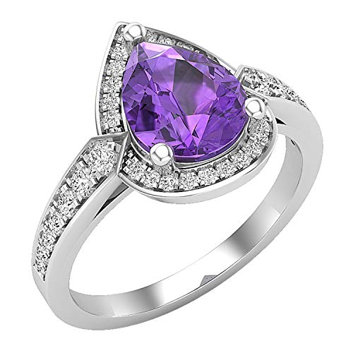 Dazzlingrock Collection 9X7 Mm Pear Shaped Amethyst & Round White Diamond Teardrop Halo Engagement Ring For Women | 10K White Gold, Size 7 #TOP21