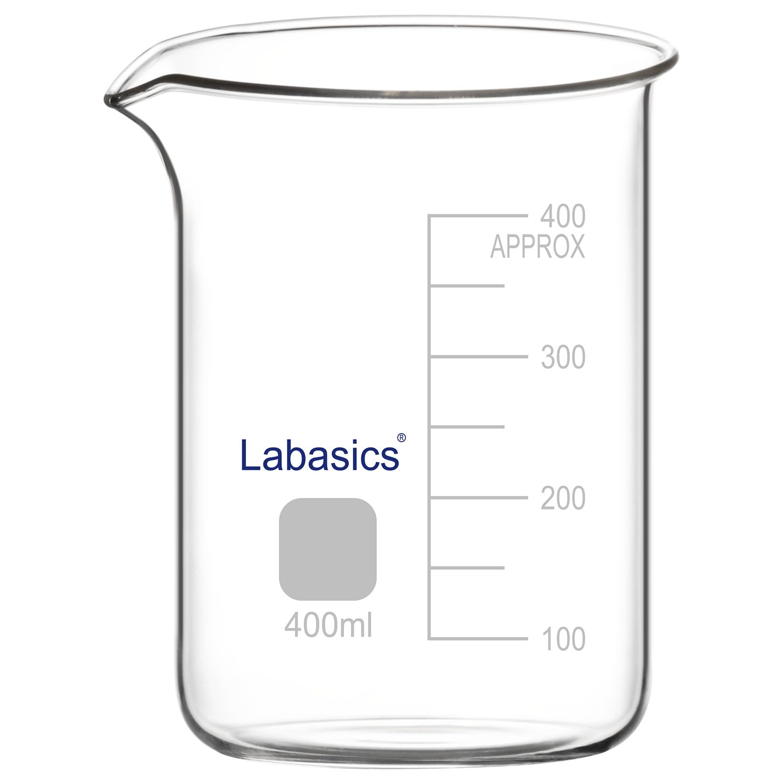 Labasics Bicchiere di Vetro, 1 Confezione, Bicchiere di Vetro Borosilicato a Forma Bassa Graduato Griffin con Beccuccio Versatore, 400 ml, Resistenza ad Alta Temperatura, Uso in Laboratorio