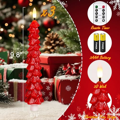 Image of Christmas Tree Candles Battery Operated, Red Christmas Flameless Taper Candles with Remote Timer, Set of 3 Waxy 9.8 Inch LED Tree Candlesticks for Xmas Home Holiday Window Winter Decor
