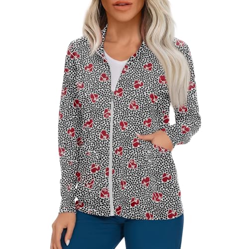 Scrub Jackets for Woman Zip Up Long Sleeve Tops Print Plus Size Womens Scrubs for Women Nursing Shirts with Pockets