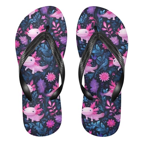 ALAZA Cute Axolotl Leaves Flip Flops for Women Fashion Beach Slippers Comfort Mens Flip Flops Non-Slip Rubber Shower Slippers Sandal for Hotel Travel Sport,XS