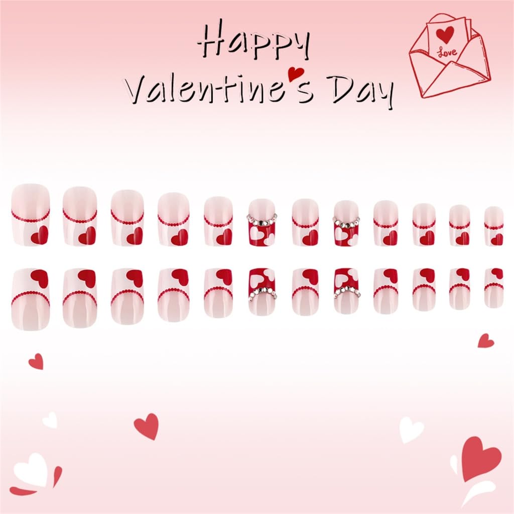 Full Covers False Nails Set Glossy French Tip Heart Designs for Romance Valentine's Day Manicure 24Pcs