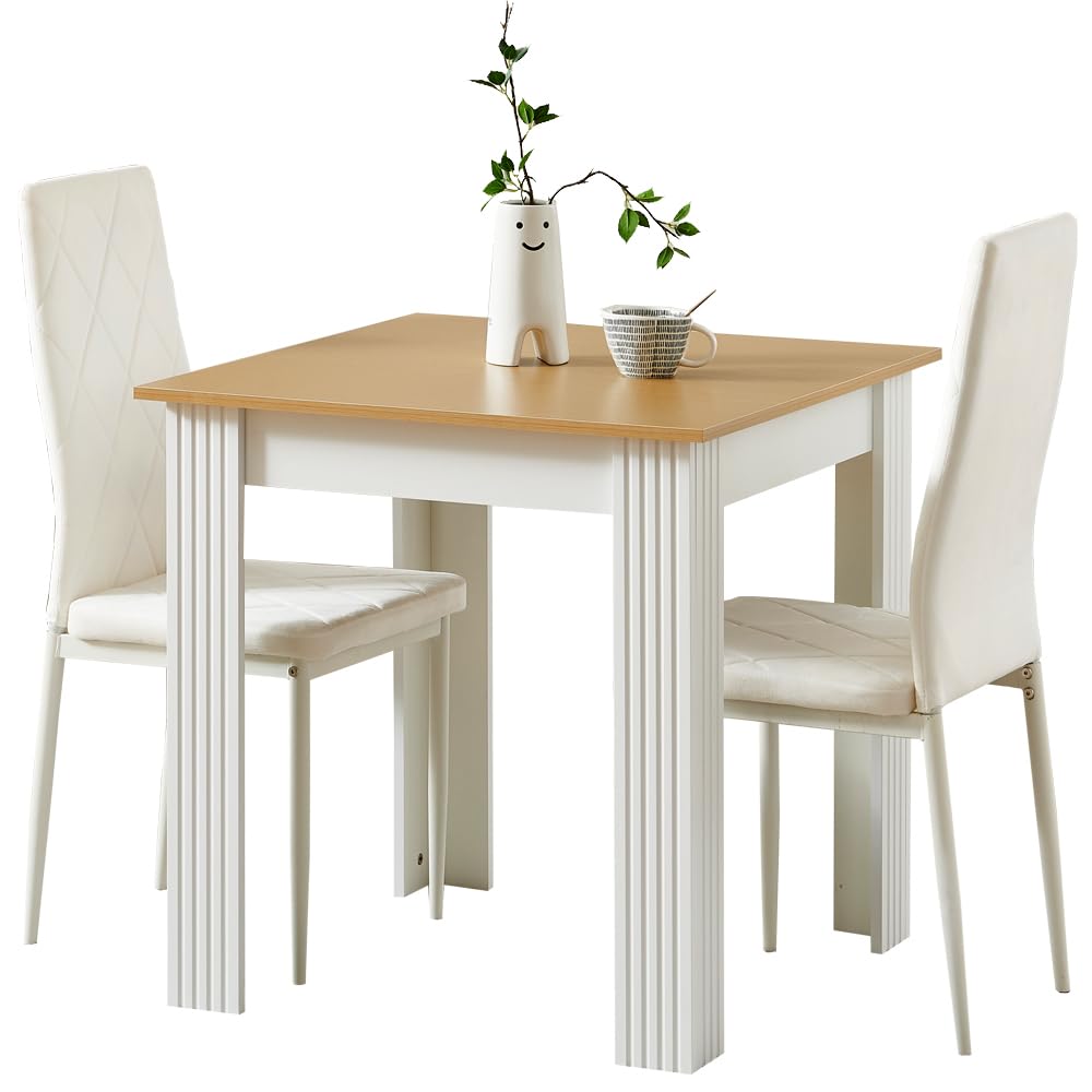 Rainbow Tree Modern 3 Piece Dining Room Table and Chairs Set, Wooden Square Table with 2 Chairs for Small Space Apartment Space Saving (White+Oak Top Table+2 White Argyle Velvet Chair)