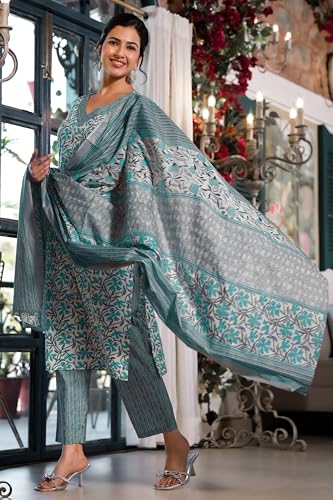 Image of MIRCHI FASHION Women's Straight Fit Pure Cotton Jaipuri Floral Printed Sequins Thread Work Kurta Set with Dupatta and Trouser