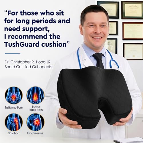 Image of TushGuard Seat Cushion - for Office Chair, Car Seat, Airplane, Bleacher - Sciatica & Coccyx Pain Relief Desk Chair Cushion for Long Sitting Office Workers, Car Drivers(Black, XXX-Large)