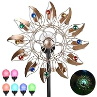 Solar Windrad Garten Metall mit Farbwechsel LED - Großes Windspiel Garten 190cm, Wetterfestes Windspiel Metall mit Federblättern & Kupfer-Optik, Windmühle für Außen Terrasse Balkon