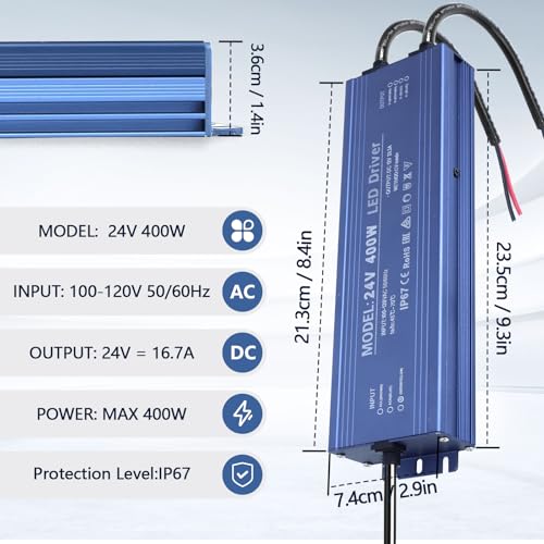 Image of 24V 400W LED Driver Waterproof IP67, Ultra Slim LED Transformer 110V AC to 24V DC 16.7A 400 Watt Quiet Low Volt Converter LEDs Power Supply Constant Voltage for LEDs Strip, Indoor & Outdoor