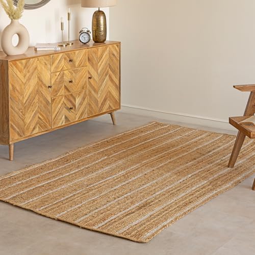 HOMEMONDE Natural Braided Jute Area Rug 6x9 ft - Off White Stripe Eco Friendly Premium Fiber - Hand Woven Rustic Vintage Reversible Braided Rugs for Bedroom, Kitchen, Living Room and Dining Room