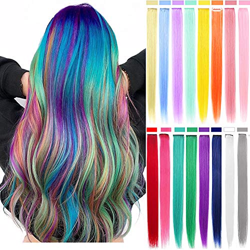 WERD 16PCS Clip in Colored Hair Extensions for Girls,Long Rainbow Hair Extensions Clip in,Multi-colors Party Synthetic Hair Extensions for Kids 22 inch (Colorful Set)
