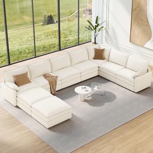 Image of Vesgantti Large Modular Sectional Sofa, Big Comfy Cloud Couch with Ottoman Deep Seat Chenille Cloud Sofa, 9 Seater Large Sectional Couches for Living Room, Bedroom and Apartment, Snow White