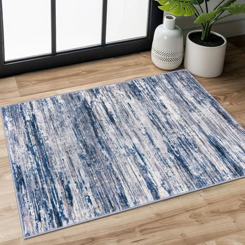 SIILOOM 2x3 Navy Blue Gray Neutral Multi Modern Abstract Rug for Entryway, Super Soft Small Area Rug, Washable Non-Slip Kitchen Rugs, Low-Pile Mat for Bedside, Indoor Door Mat