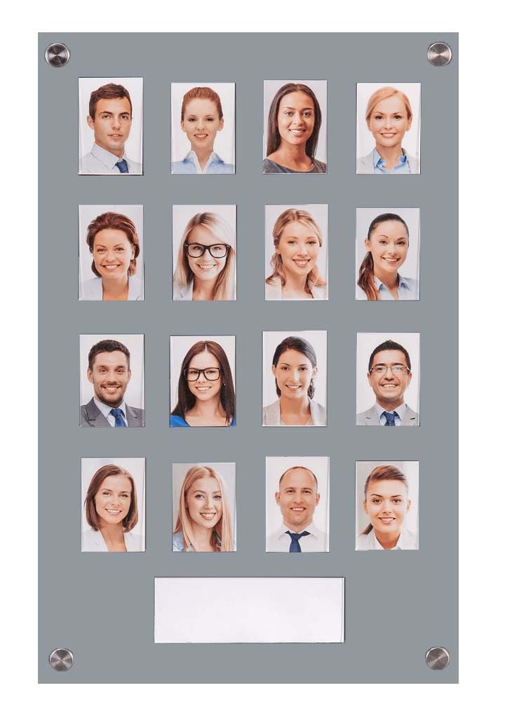 Get Acrylic Photo Frames - Grey 16 Pocket Image Staff, Student, Employee Display Board With Pocket Header. 506mm Height x 328mm Width (50.6cm x 32.8cm)