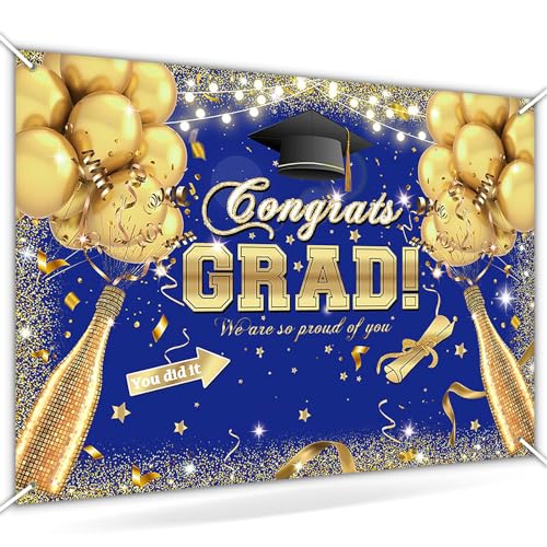 Avezano Congrats Grad Backdrop for Class of 2024 Royal Blue and Gold Graduation Decorations Congratulate Graduation Photography Background Grad Celebration Prom Party Photoshoot Supplies (7x5ft, Blue)