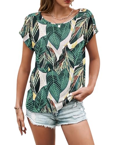 WNEEDU Tshirt Damen Sommer Rundhals Oberteile Lässig Bluse Kurzarm T-Shirt Batwing-Ärmeln Tops mit Knöpfen Blattdruck XL