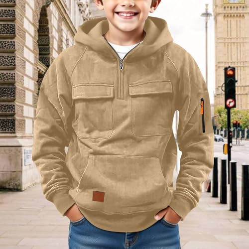 Quarter Zip Hoodie Boys' Sweatshirt with Multi Pockets Long Sleeve Pullover Jacket with Kangaroo Pocket for Fall Winter2