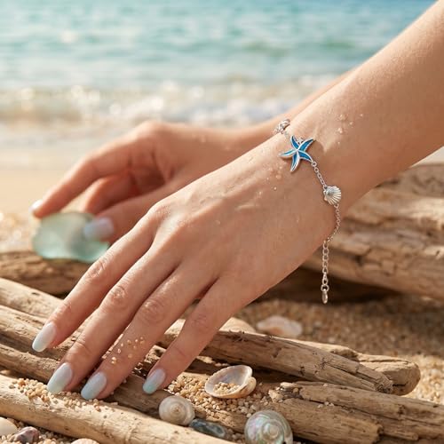 Image of Cuoka Starfish Bracelet 925 Sterling Silver with White Fire Opal Chain Bracelets Ocean Jewelry Birthday For Women