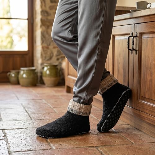 Image of Tibetan Socks Wool Hand Knit Fleece Lined Mid Bootie Slipper Sock Non Slip Sole