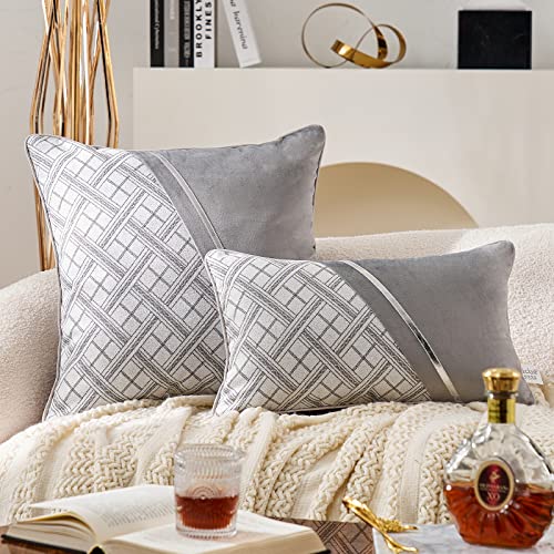 Aeckself 12 X 20 Inch Grey White Silver Leather Patchwork Velvet Cotton Cushion Case Luxury Modern Lumbar Plaid Rectangle Throw Pillow Cover Decorative Pillow For Couch Sofa Living Room #TOP4