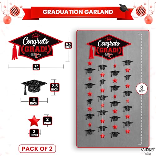 Image of Graduation Decorations 2026, Black and Red Cap Garland - Pack of 2, No DIY | Congrats Grad Garlands for Wall Decor | Cap Garland for Graduation Party Decorations, 2026 Graduation Decoration, KatchOn