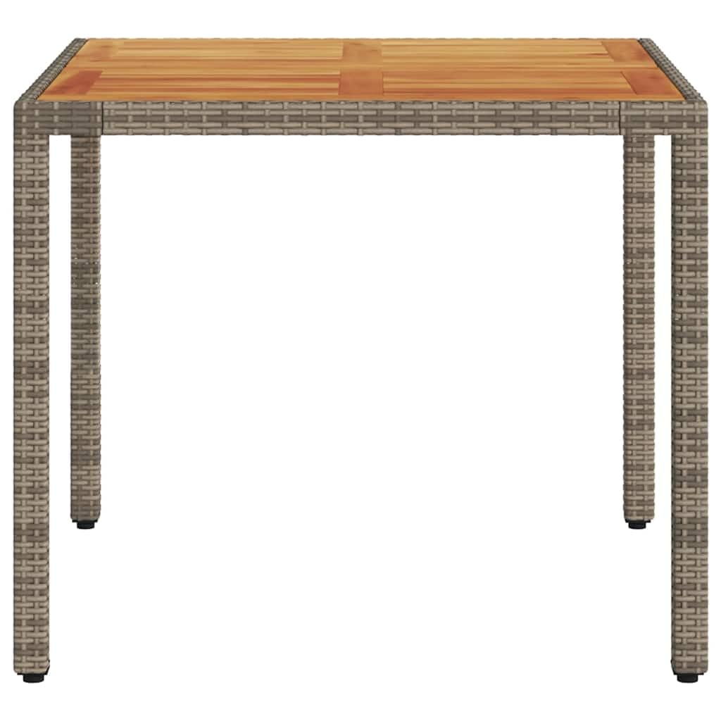 Stół ogrodowy z blatem z drewna akacjowego, szary, 90 x 90 x 75 cm, polirattanowy stół do jadalni, taras, stabilna rama stalowa malowana proszkowo, łatwy w pielęgnacji blat stołu