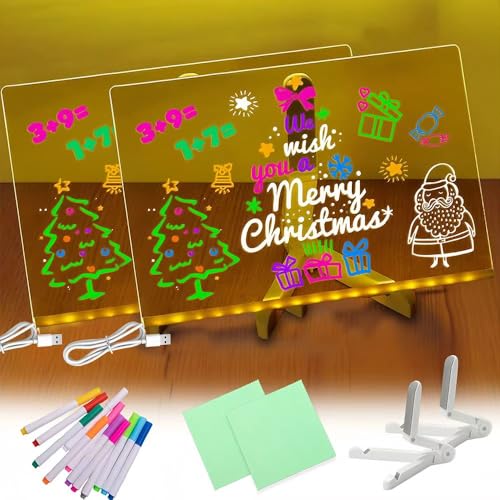 2 pizarras Tablero Acrílico Luminoso con Bolígrafo de 12 Colores, 20 x 30cm, Soporte Ajustable, Pizarra LED Transparente, Tablero de Notas Limpiable (A)