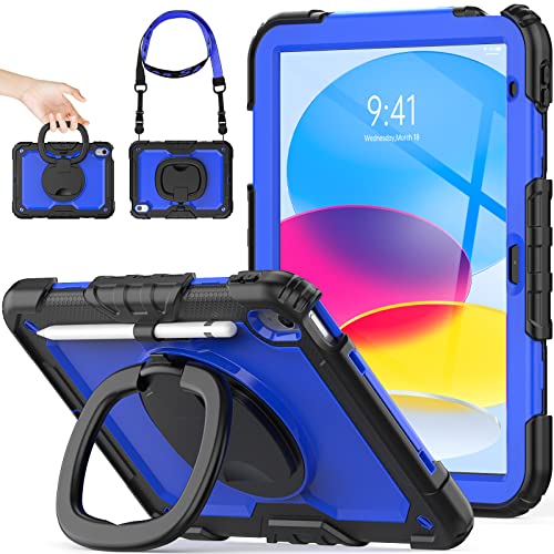 SEYMAC stock iPad 10th Generation Case, iPad 2022 10.9 Inch Case, Heavy Duty Protection Shockproof Case with Pencil Holder Screen Protector [360 Rotating Handle Stand] & Shoulder Strap, Black/Blue