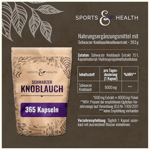 Schwarzer Knoblauch Kapseln hochdosiert 9000 mg Aus 15:1 Extrakt - 365 Kapseln - Black Garlic Capsules - Vegan & Ohne Zusätze - Schwarzer Knoblauchknollen Extrakt, Knoblauchkapseln, Knoblauch-Extrakt