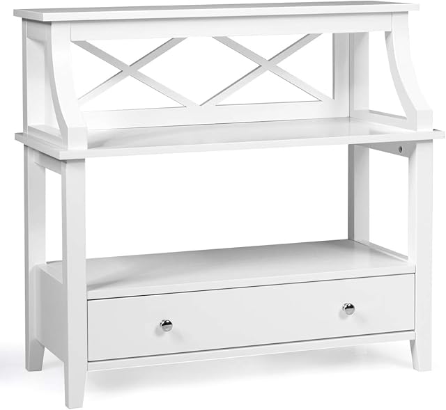 COSTWAY Console Table, Wooden Narrow Hall Desk Sofa Side Table with Drawer and Open Storage Shelves, X-Shaped End Display Accent Table for Living Room Bedroom Entryway Hallway (White)