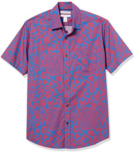 Amazon Essentials Men's Regular-Fit Short-Sleeve Poplin Shirt, Red/Blue, Floral, Large