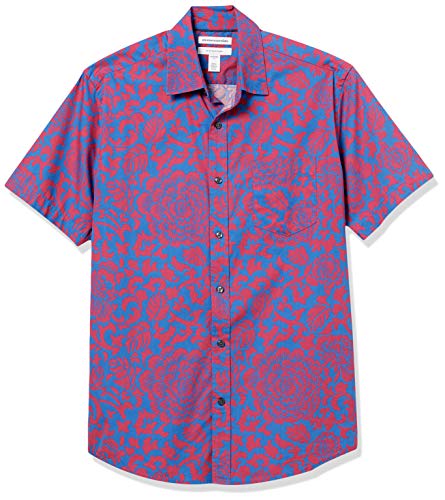 Amazon Essentials Men's Regular-Fit Short-Sleeve Poplin Shirt, Red/Blue, Floral, Large #TOP1