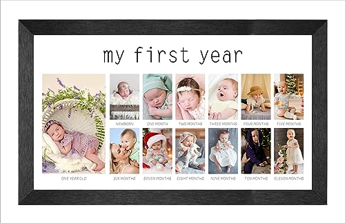 Image of My First Year Picture Frame 12 Months Baby Keepsake Photo Frame Collage 13 Photo Inserts Monthly Milestone Gender Neutral Wall Hangins First Birthday Monthly Photo Collage New Mom Gift (White)