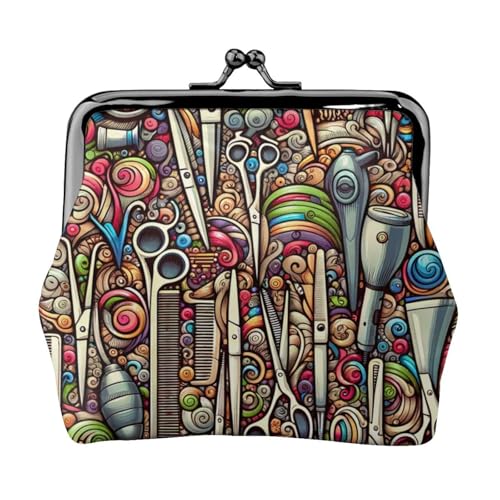 Pu Leather Buckle Coin Purse Abstract-Hairdressing-Tools Girls Kiss-Lock Change Purse Wallets