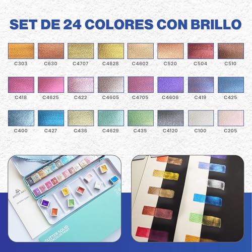 ANTEK ART Acuarelas Metalizadas, Juego de Pinturas de Acuarela Metalicas Brillantes Profesional en Estuche de Metal Portátil con Paleta, para Artistas, Pintores (24 Colores) - imagen 2