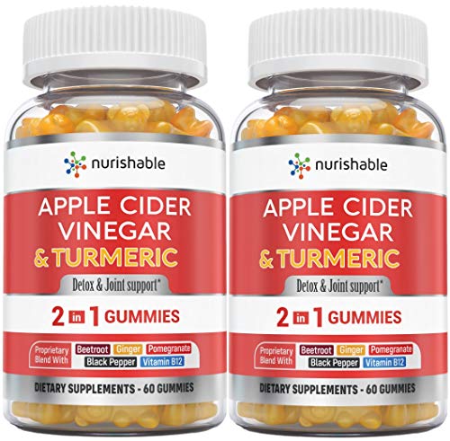 Apple Cider Vinegar Gummies & Turmeric Gummies in 1 Bottle - for Joint Support, Detox Cleanse & Weight Management for Women & Men - Packed with Ginger, B12, Black Pepper, Pomegranate (2-Pack)