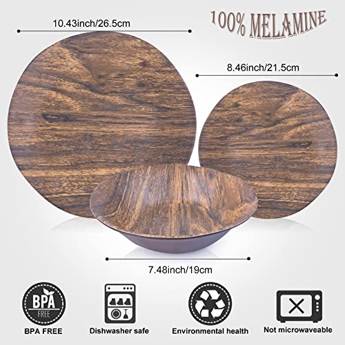 Melamine Dinnerware Sets ​Clearance - 12 Pcs Melamine Plates Indoor And Outdoor Use Wood Grain Plates And Bowls Dinnerware Sets Summer Fall Camping Dish Set For 4 Dishwasher Safe (Brown) #TOP5