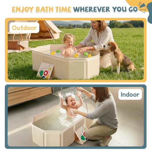 Image of Orzbow Toddler Bathtub with Side Drain Plug, Portable for Travel, White | Collapsible Baby Bath Tub with Non-Slip Base for Kids Infant 12 Months+, Space-Saving, Easy to Clean, Stable & Durable