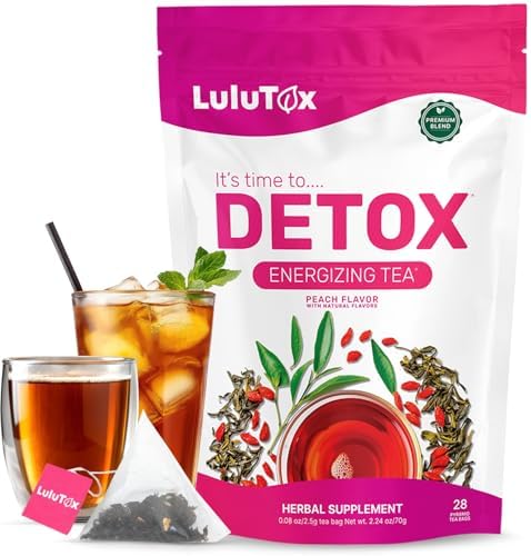 LULUTOX Detox Tea - Slimming Tea with Dandelion and Ginseng to Support Goals for Detox Cleanse, Flat Belly, Bloating, Healthy Weight and Digestive Health - Women & Men - Peach Flavor (28 Servings)