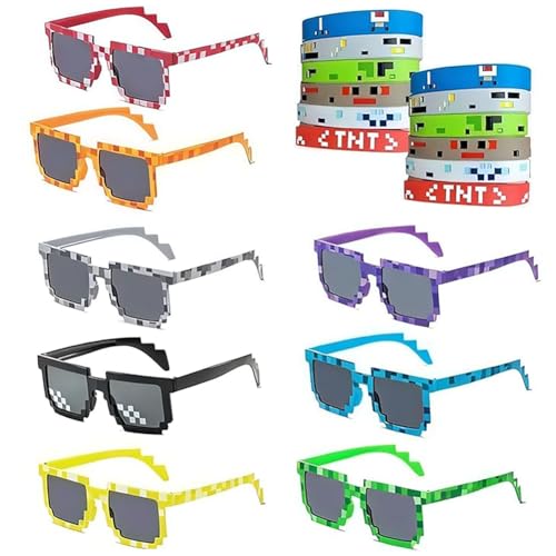 SKIPTHYBER 8 Stück Pixel Sonnenbrille Bunt Mosaik Thug Life Brille und 12 Spiel Pixel Silikon Armband für Geburtstagsdeko Themenpartys Konzerte Festivals (20 Stück)